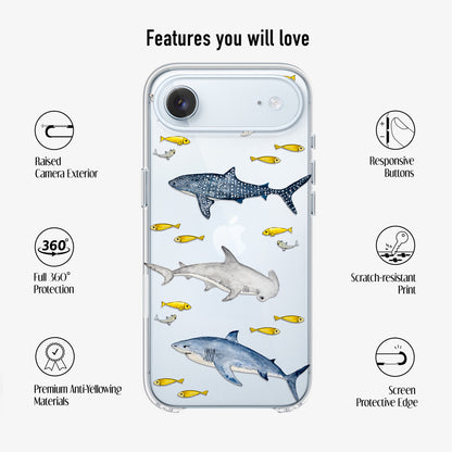 Clear sharks phone case with scratch-resistant UV print and anti-yellow material