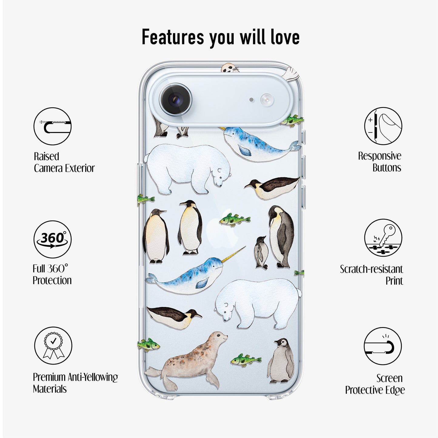 Clear phone case with arctic animals design on a clear background showing features like 360 protection, anti-yellowing materials and scratch -resistant print.