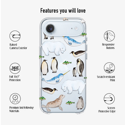 Clear phone case with arctic animals design on a clear background showing features like 360 protection, anti-yellowing materials and scratch -resistant print.
