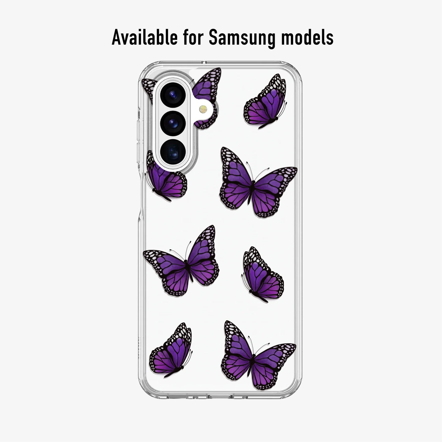 Phone case with purple butterflies on a clear background for Samsung models