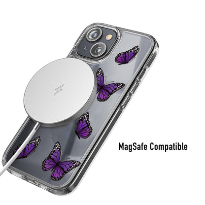 Clear butterfly phone case with purple butterfly illustration showing MagSafe compatibility