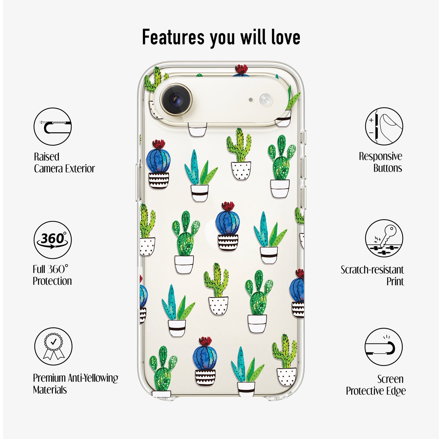 Clear cactus phone case features anti-yellow material scratch-resistant print and slim protective design