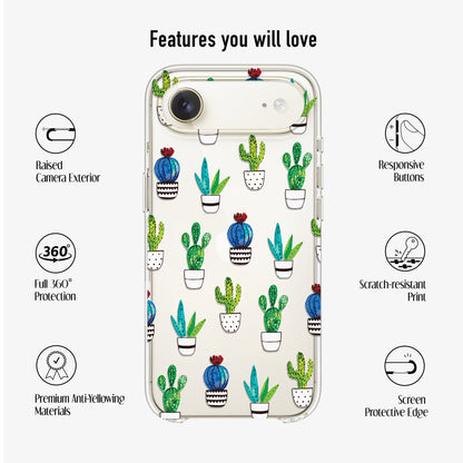 Clear cactus phone case features anti-yellow material scratch-resistant print and slim protective design