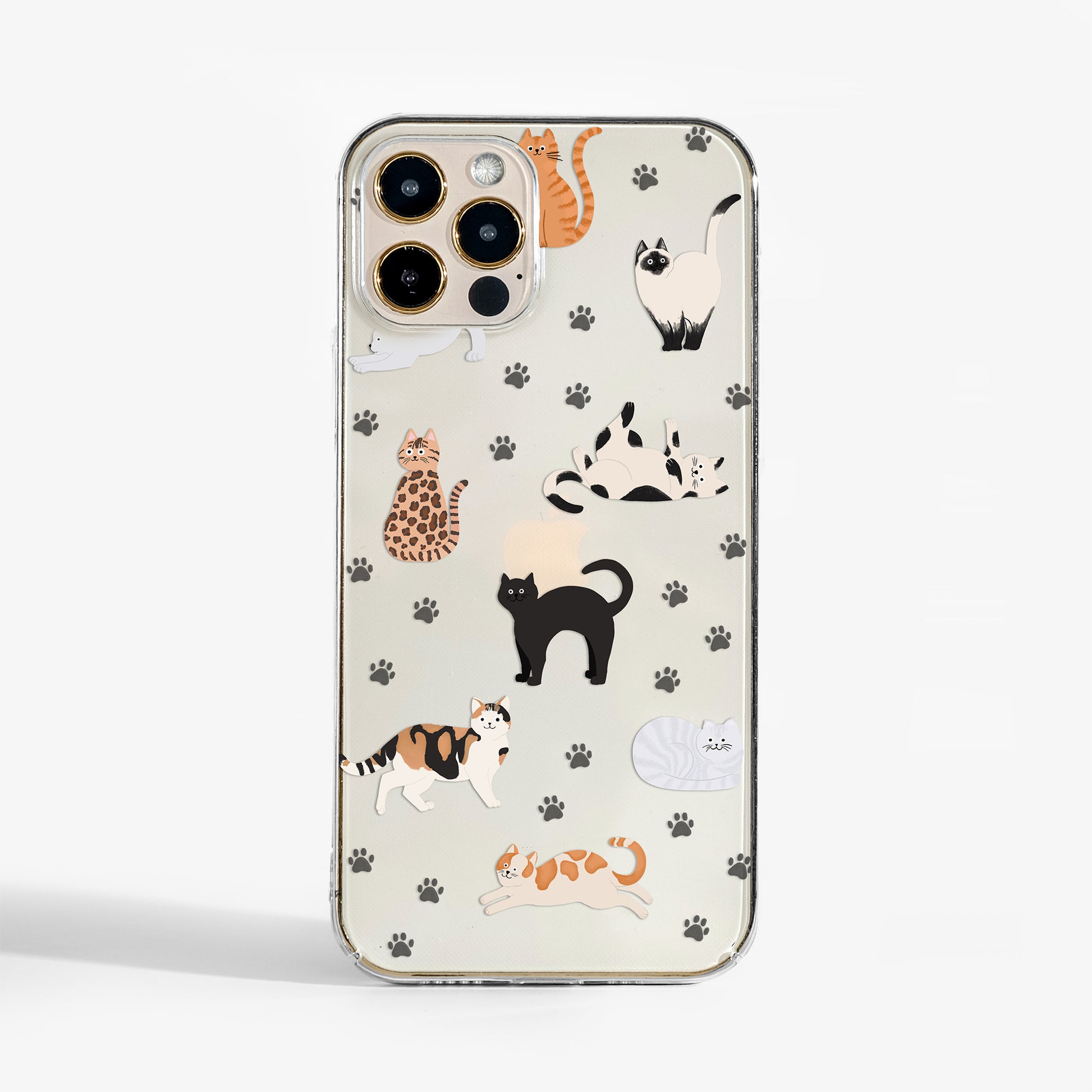 Clear cat phone case with illustrated cat design and paw prints on a clear background