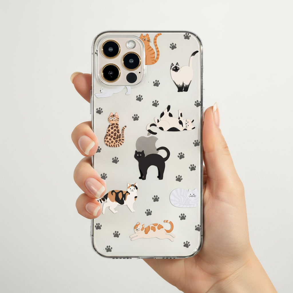 Woman holding clear cat phone case in hand 
