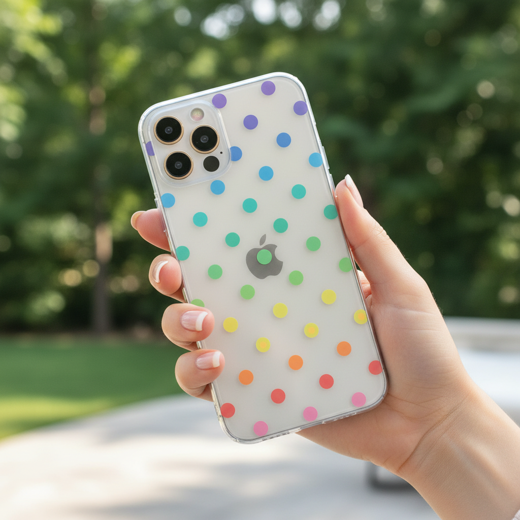 Woman holding clear colourful polka dot phone case showing playful aesthetic style