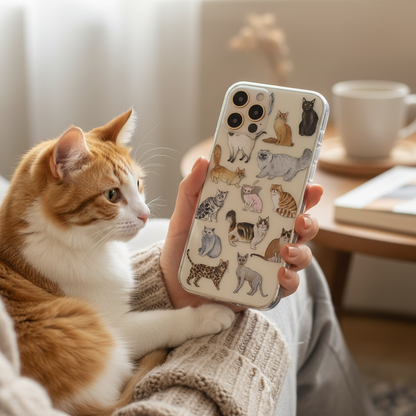 Woman holding a phone with awatercolour cats phone case, next to a cat on a couch.