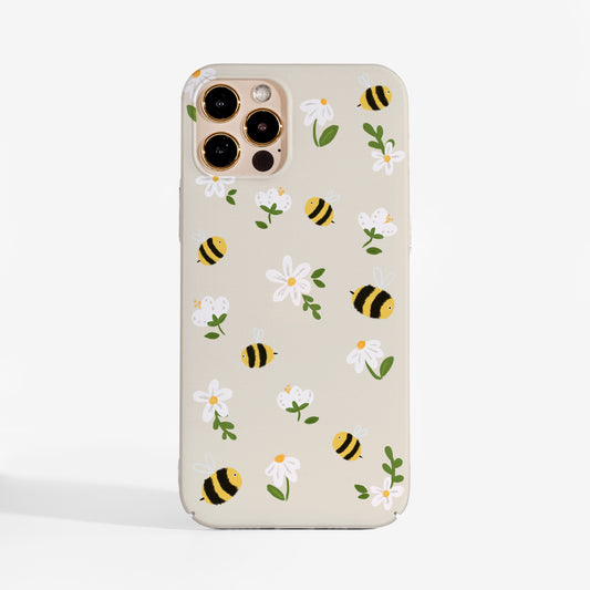 Hard plastic phone case with cute bee and flower pattern on a beige background, perfect for anyone who is looking for protective but pretty case