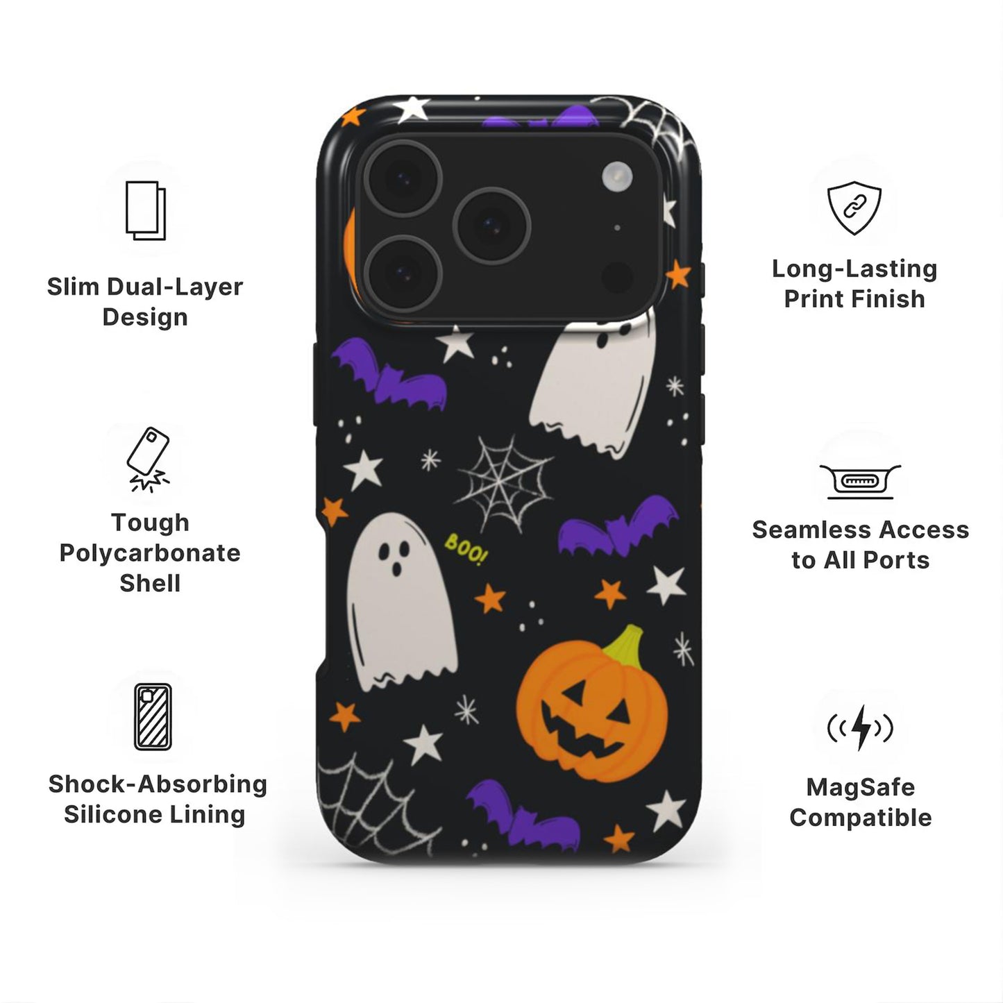 Cute Ghosts Tough Phone Case showing features like dual layer protection, long-lasting print and easy access to all ports