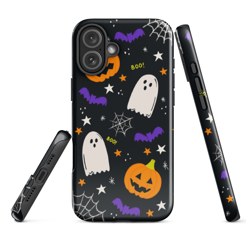 Halloween-themed phone case with ghosts, pumpkins, and bats on a black background build with hard glossy shell and soft TPU inner lining for extra protection
