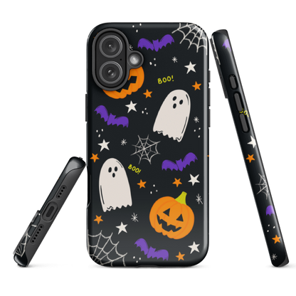 Halloween-themed phone case with ghosts, pumpkins, and bats on a black background build with hard glossy shell and soft TPU inner lining for extra protection
