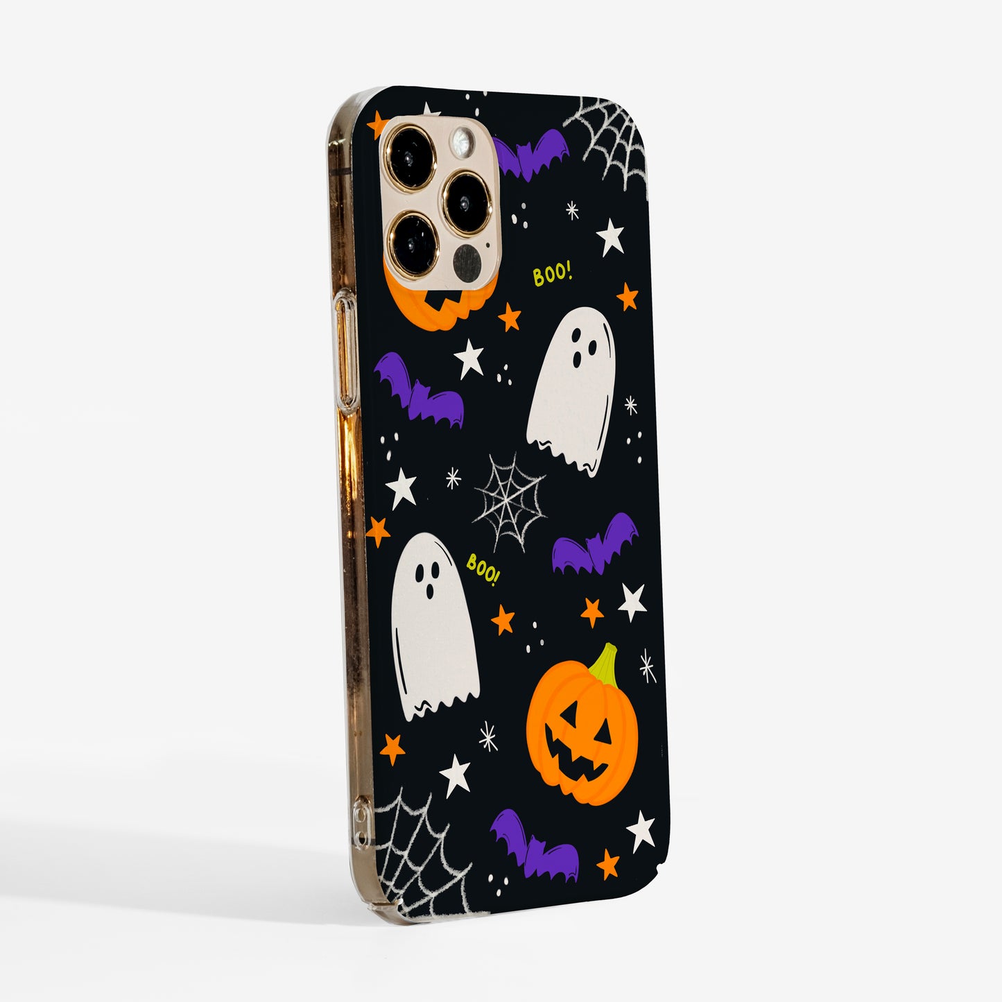 Side view of Halloween Ghost phone case showing matte print finish and clear sides for a modern look