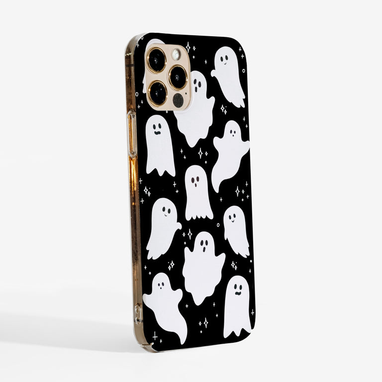Side view of Halloween ghosts phone case with clear sides.