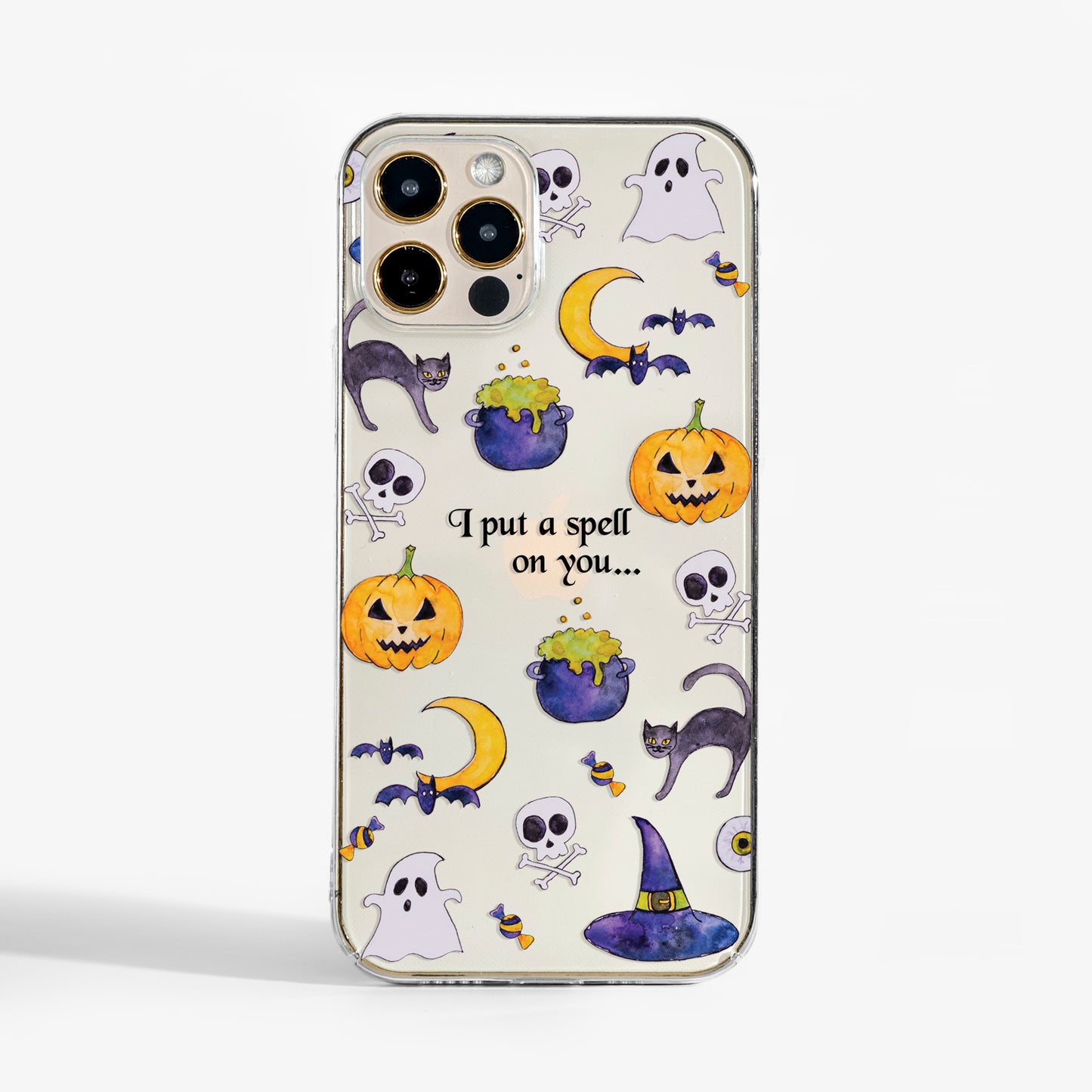 Cute Halloween phone case with  spooky design and 'I put a spell on you' text