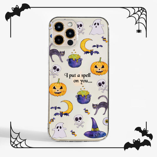 Cute Halloween phone case with hand-ilustrated spooky design; fun, protective phone case that’s both cute and durable.