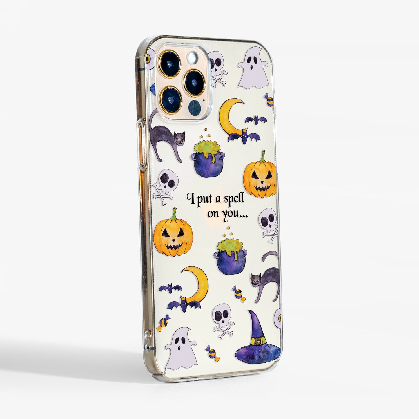Side profile of Cute Halloween phone case showing slim clear sides and smooth print finish, comfortable grip.