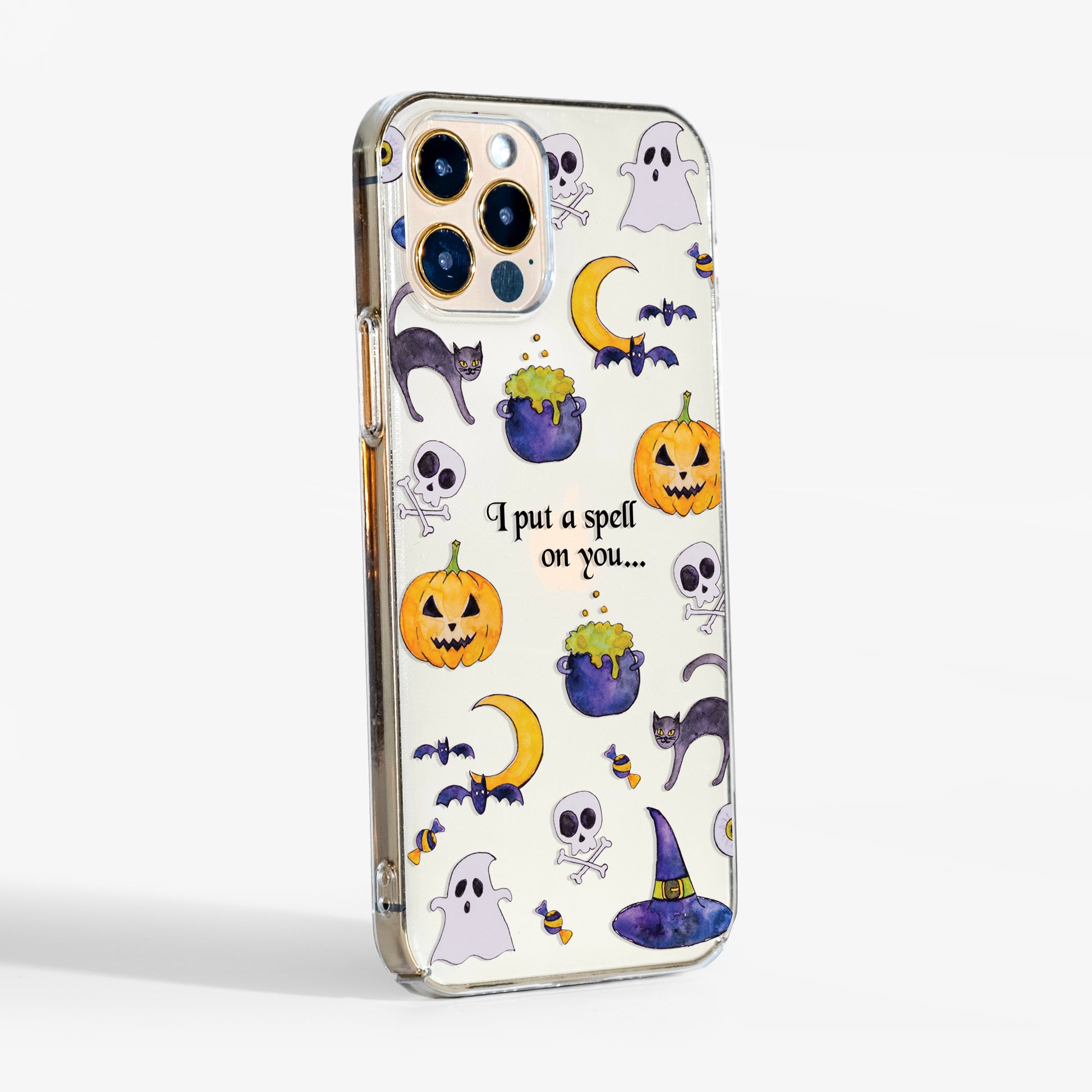 Side profile of Cute Halloween phone case showing slim clear sides and smooth print finish, comfortable grip.