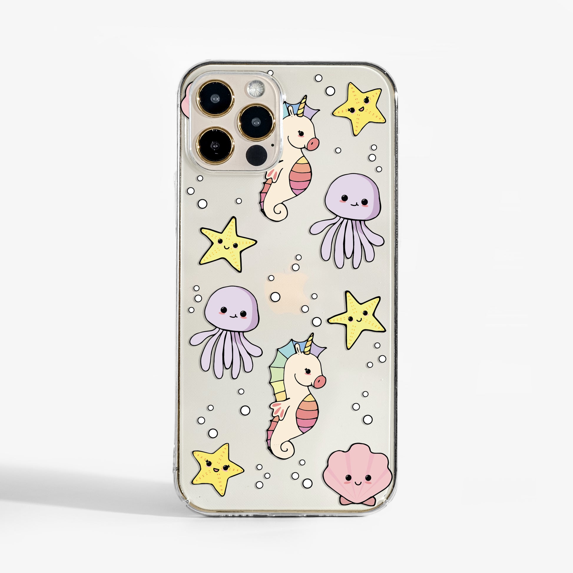 Kawaii-style clear phone case featuring adorable sea creatures; a fun, artistic clear phone case with slim protective design