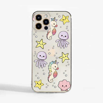 Kawaii-style clear phone case featuring adorable sea creatures; a fun, artistic clear phone case with slim protective design
