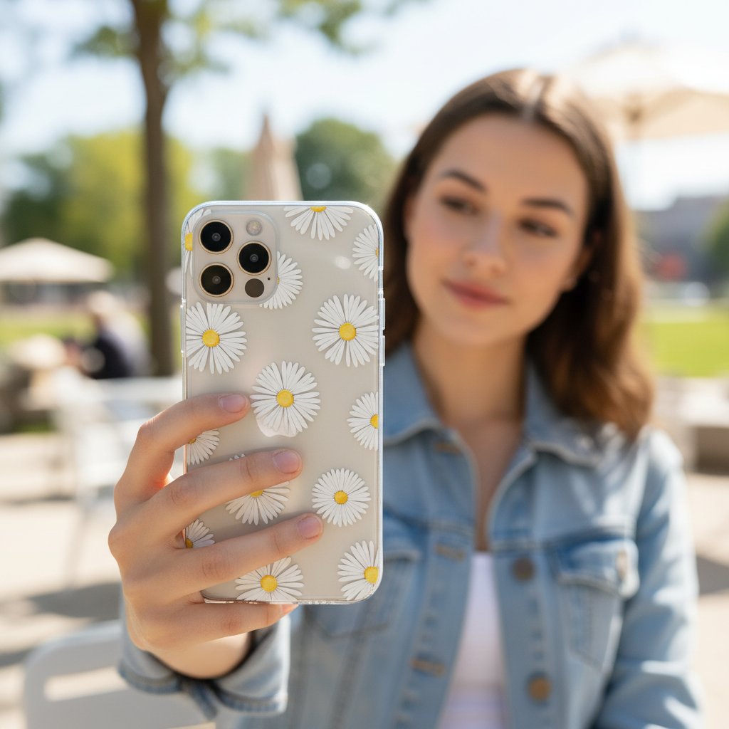 woman holding a phone with clear dasy phone case and taking a selfie