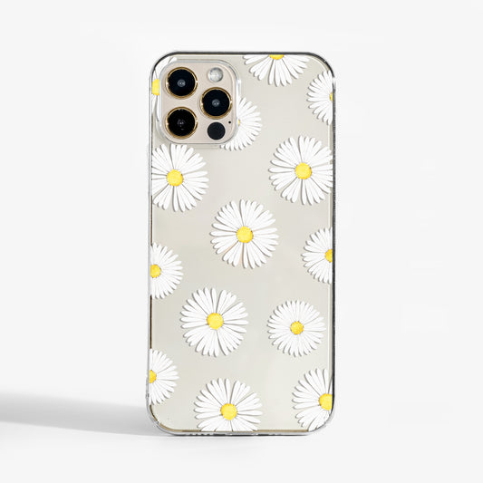 Clear Daisy Flowers phone case with pretty floral artwork; a feminine, stylish clear phone case that’s slim yet protective.