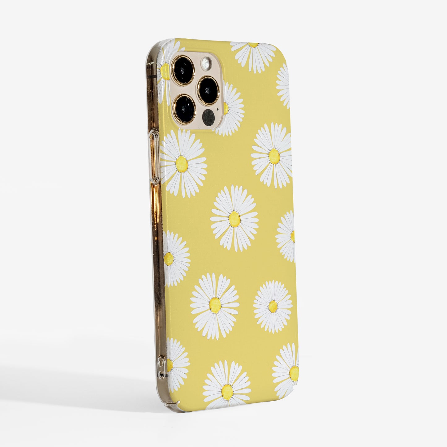 Side profile of Daisy Flowers phone case with matte texture, clear sides and slim fit.
