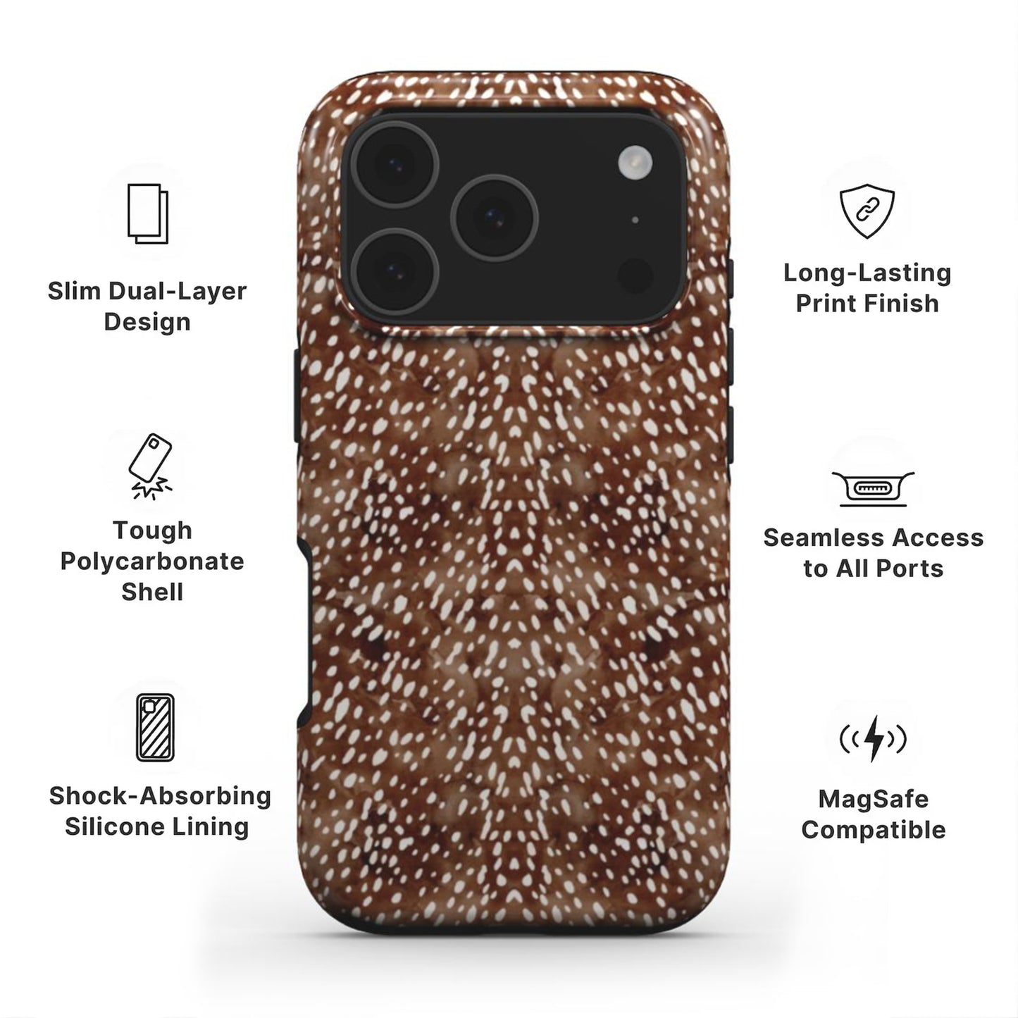 Deer Print Tough Phone Case showing features like dual layer protection, long-lasting print and easy access to all ports 