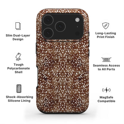 Deer Print Tough Phone Case showing features like dual layer protection, long-lasting print and easy access to all ports 