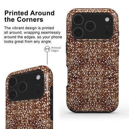 Phone case with sdeer print design printed around the corners for a seemless full wrap around design