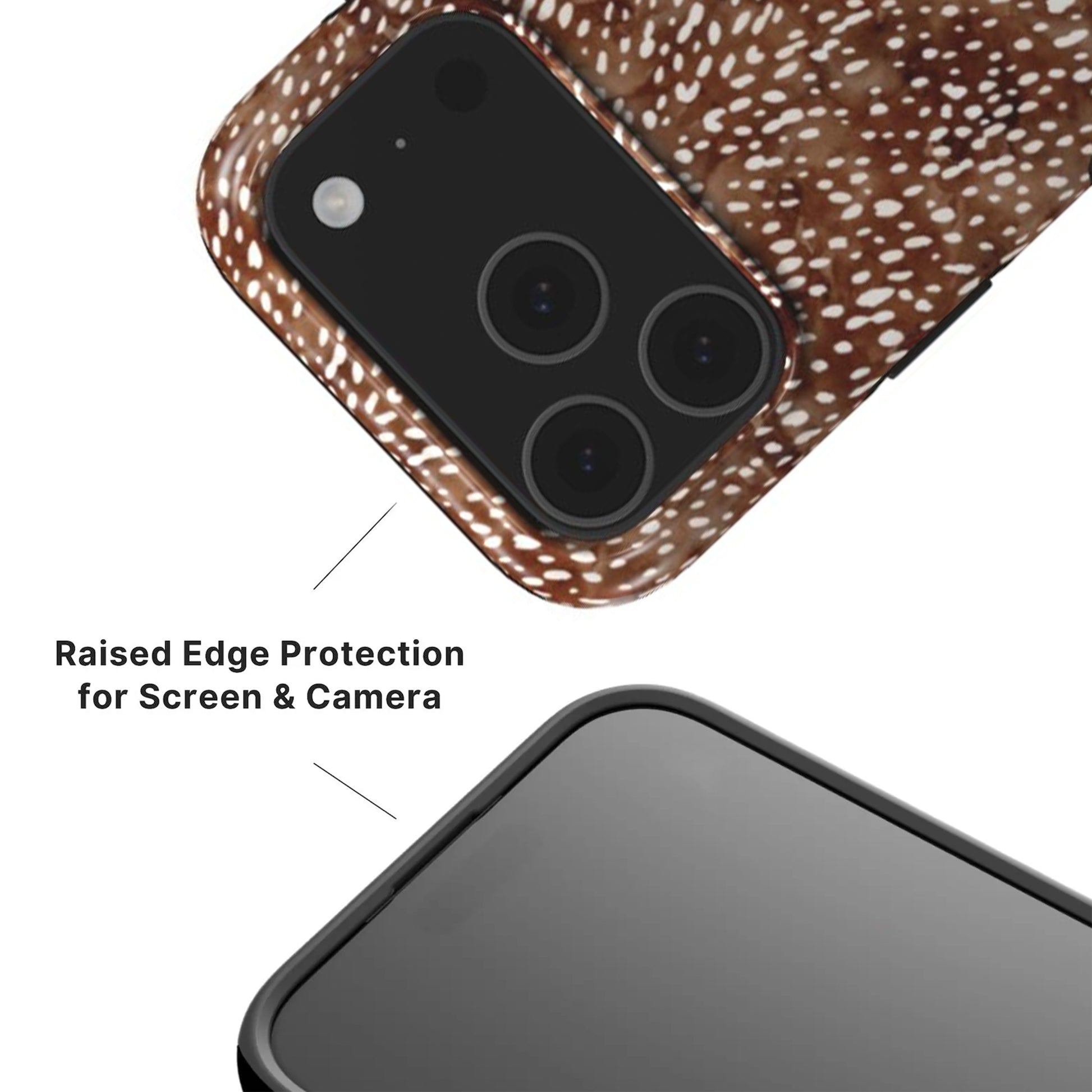 Deer Print Tough Phone Case showing raised camera and screen edges with black rim 