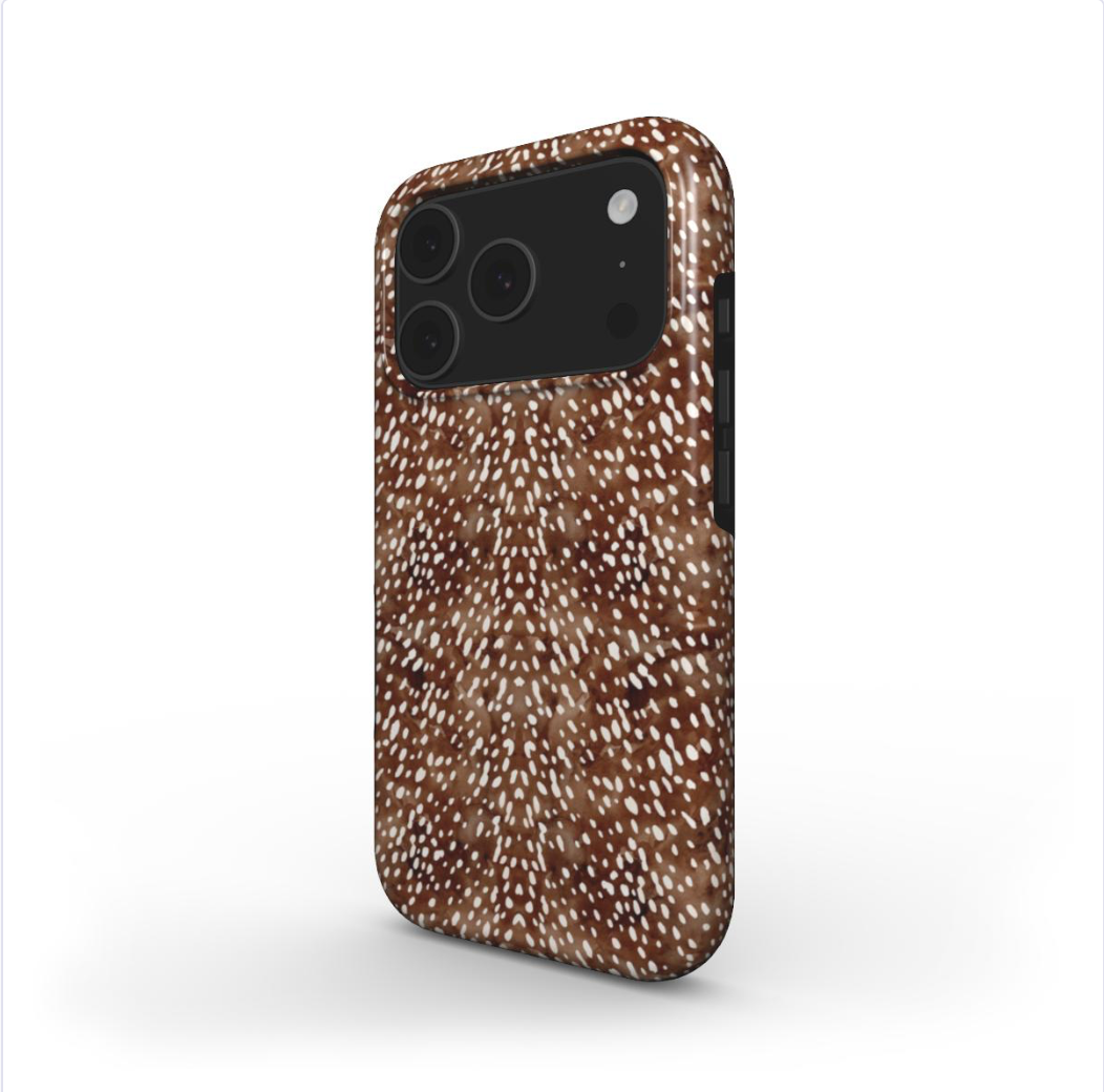 Side view of the Deer print tough phone case, showing glossy finish and full wrap around print.