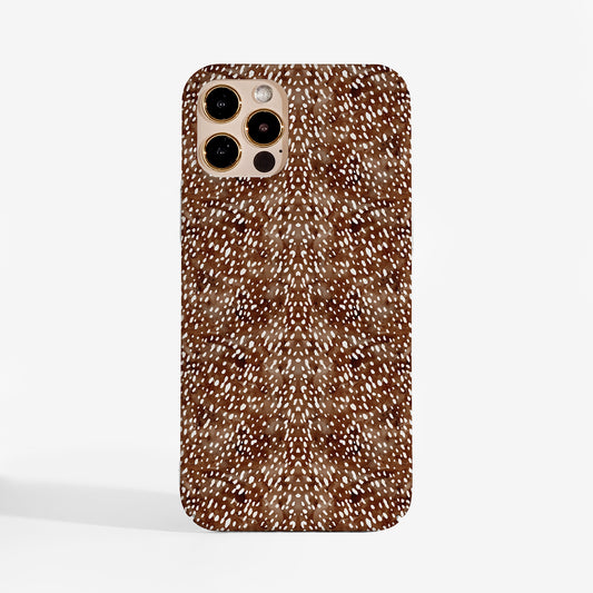 deer print pohone case featiring delicate fawn spots on a watercolour background in warm brown tones.