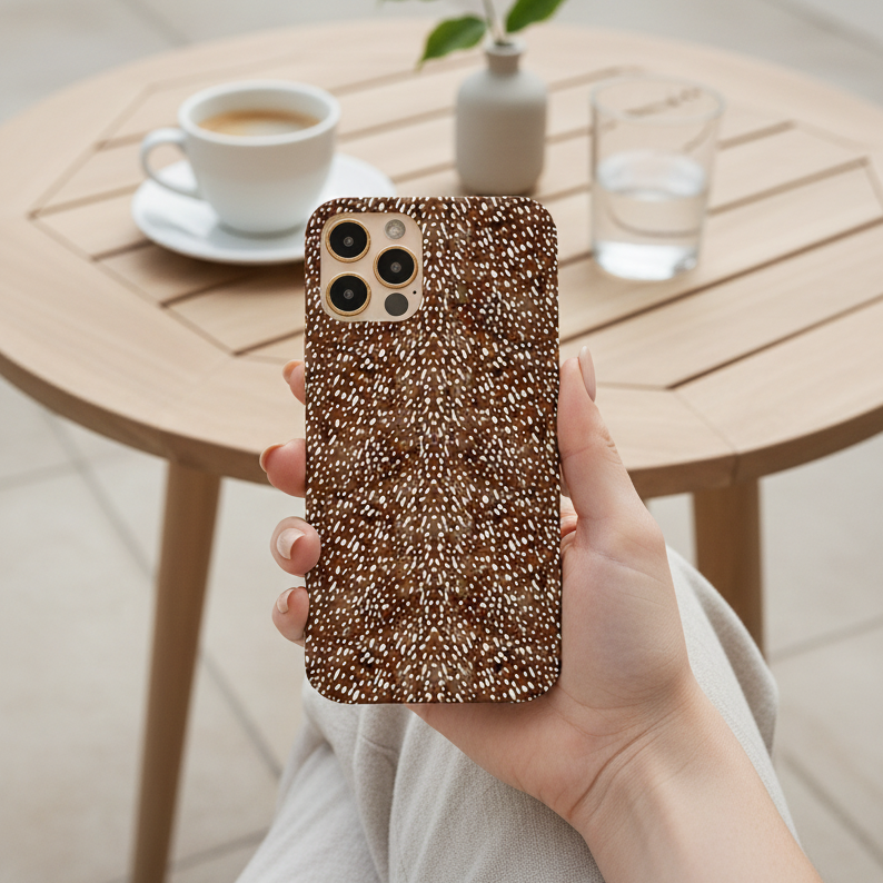A woan holding her phone with the Deer print phone case for a woodland aesthetic.
