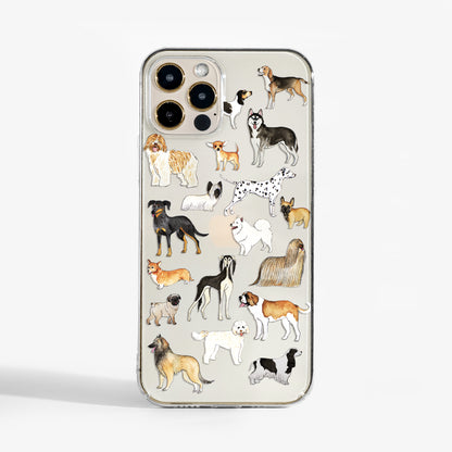 Clear Dogs phone case featuring cute illustrated pups; a fun, designer clear phone case with slim durable protection.
