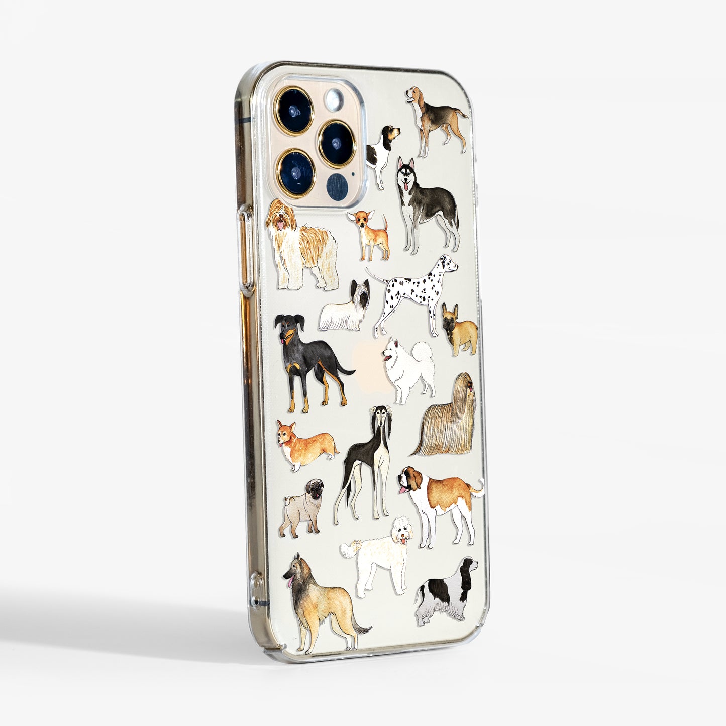 Side view of Dogs clear phone case showing transparent sides and sturdy grip.