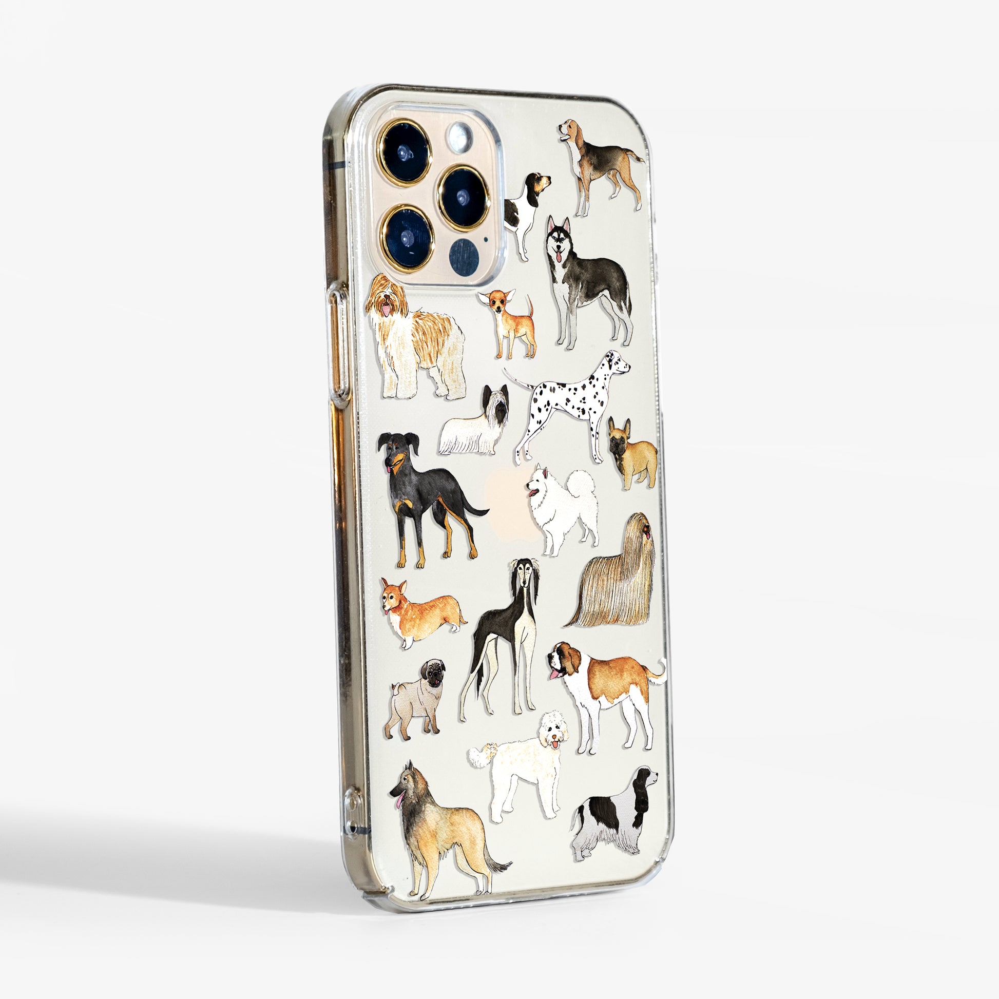 Side view of Dogs clear phone case showing transparent sides and sturdy grip.