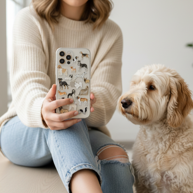 Woman holding a phone with clear dogs phone case 