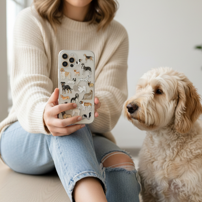 Woman holding a phone with clear dogs phone case 