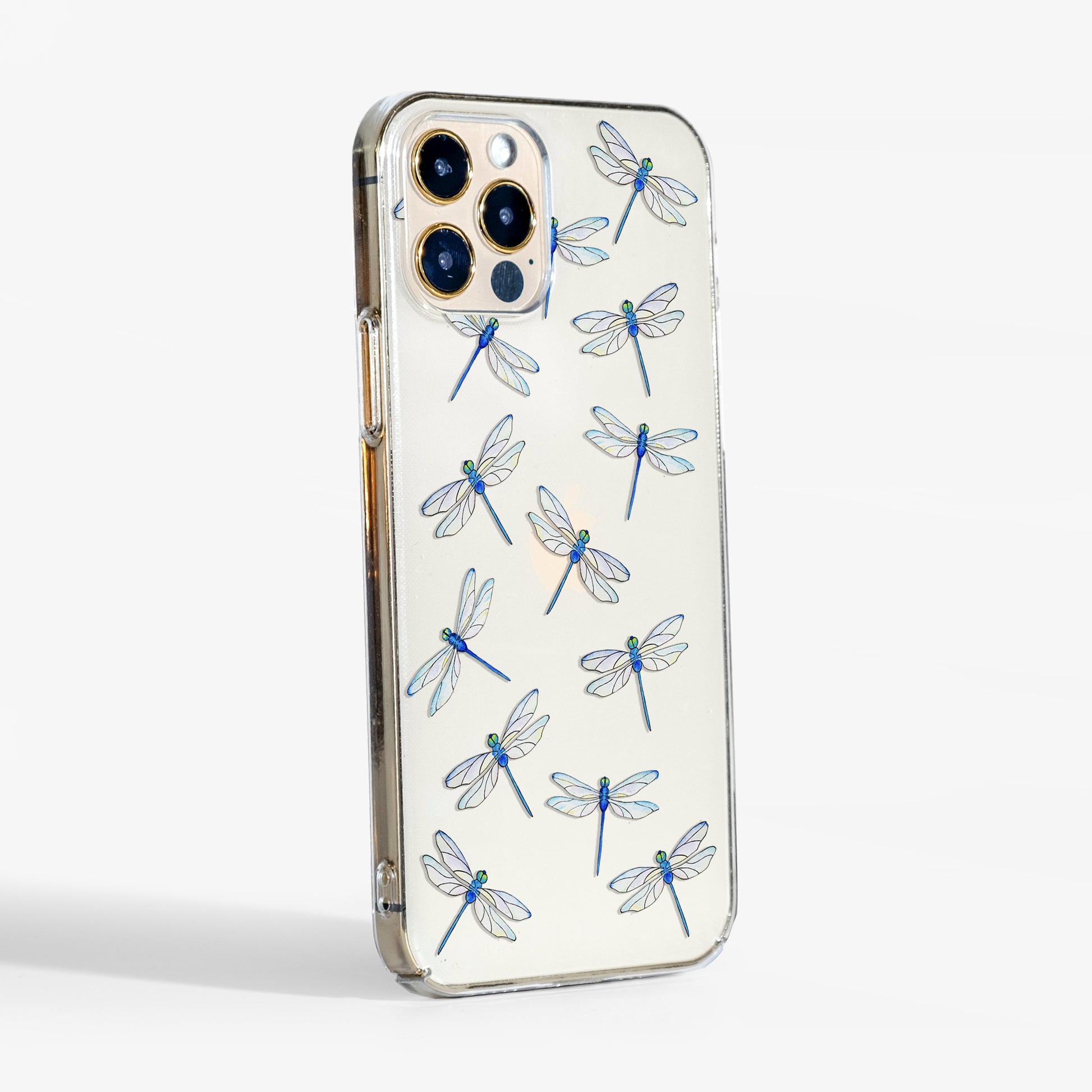 Side angle of Dragonflies clear case showing transparent sides and slim profile.