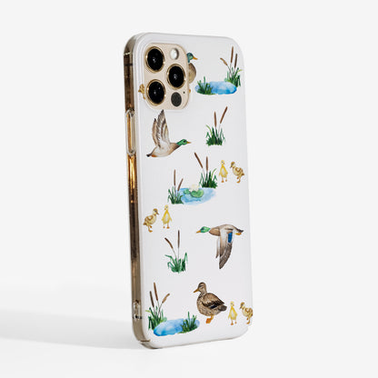 Side profile of Ducks phone case with matte texture and clear sides for minimalist design.
