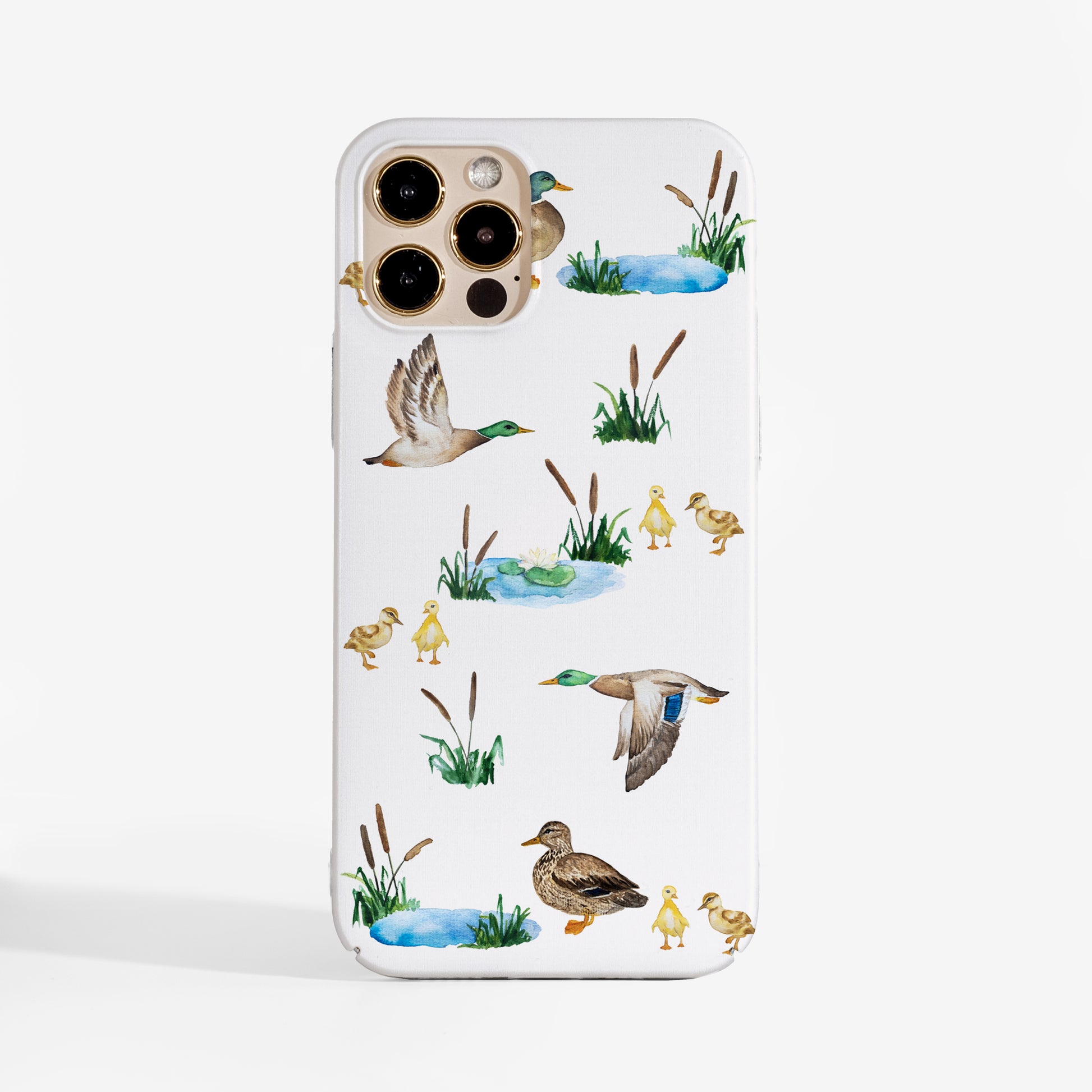Ducks phone case with charming illustrated pattern; a protective designer phone case for a soft, cute look.