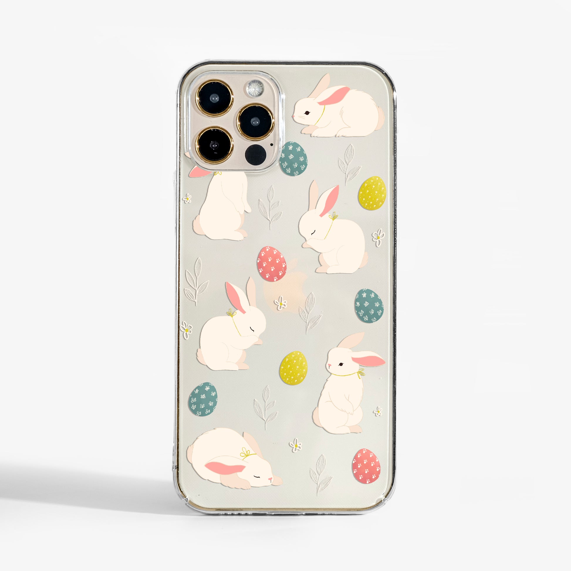 Clear Easter Bunny phone case with pastel bunny artwork; a stylish clear phone case that’s festive, cute, and protective.