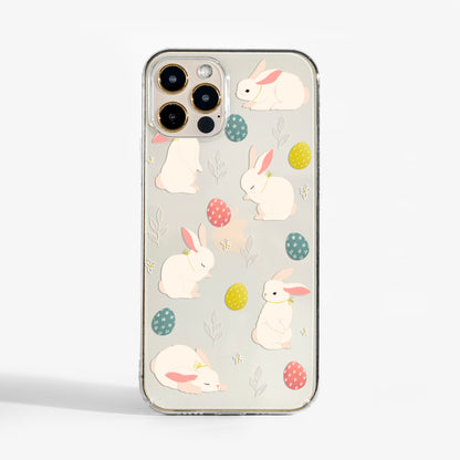 Clear Easter Bunny phone case with pastel bunny artwork; a stylish clear phone case that’s festive, cute, and protective.