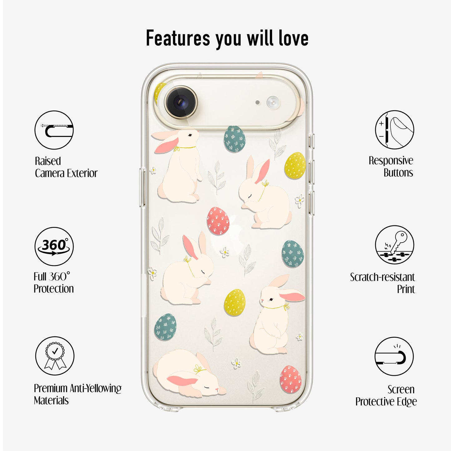 Clear bunny phone case with soft Easter bunny illustration on transparent background with text showing features 