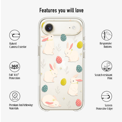 Clear bunny phone case with soft Easter bunny illustration on transparent background with text showing features 
