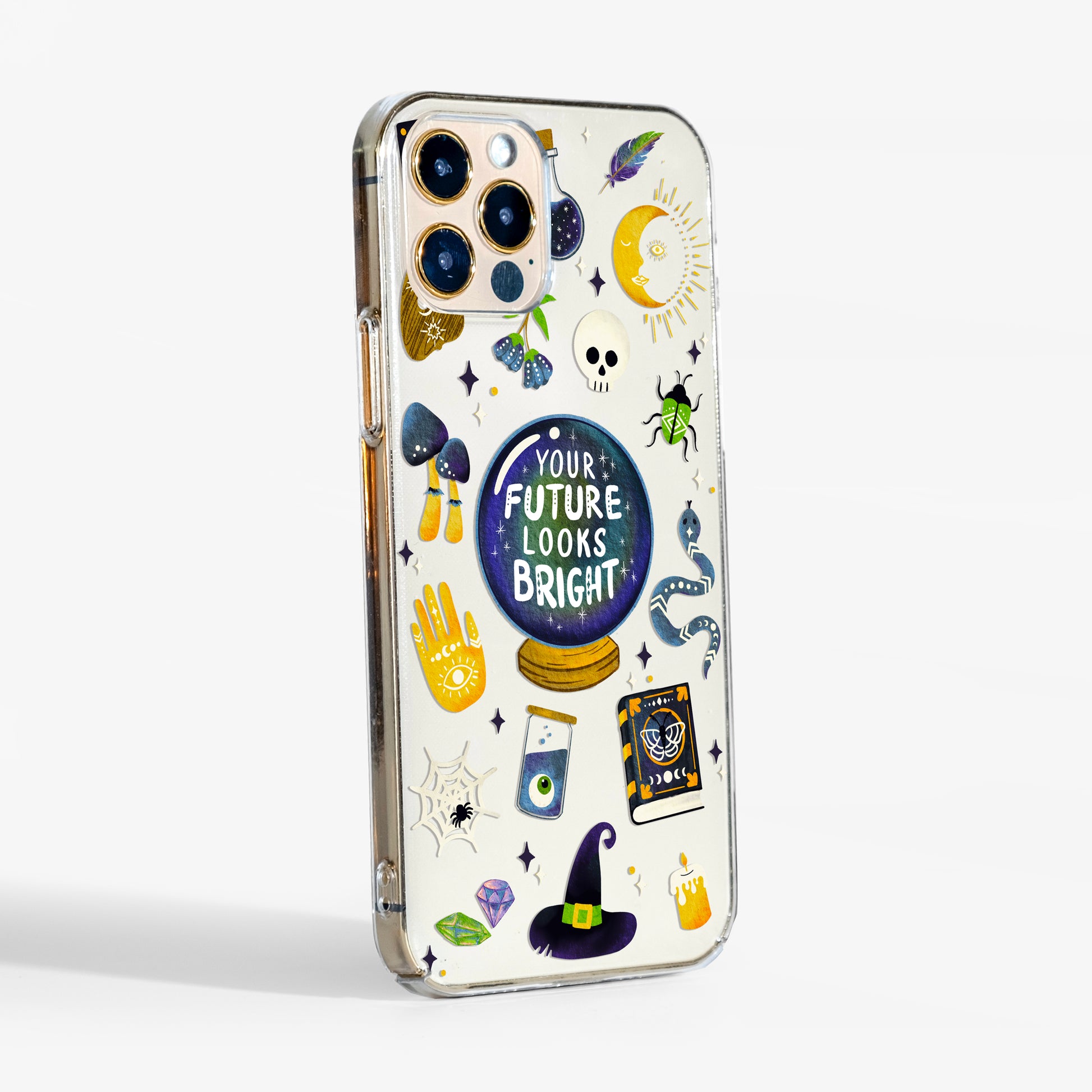 Side view showing the esoteric Halloween phone case with matte finish and clear protective edges.