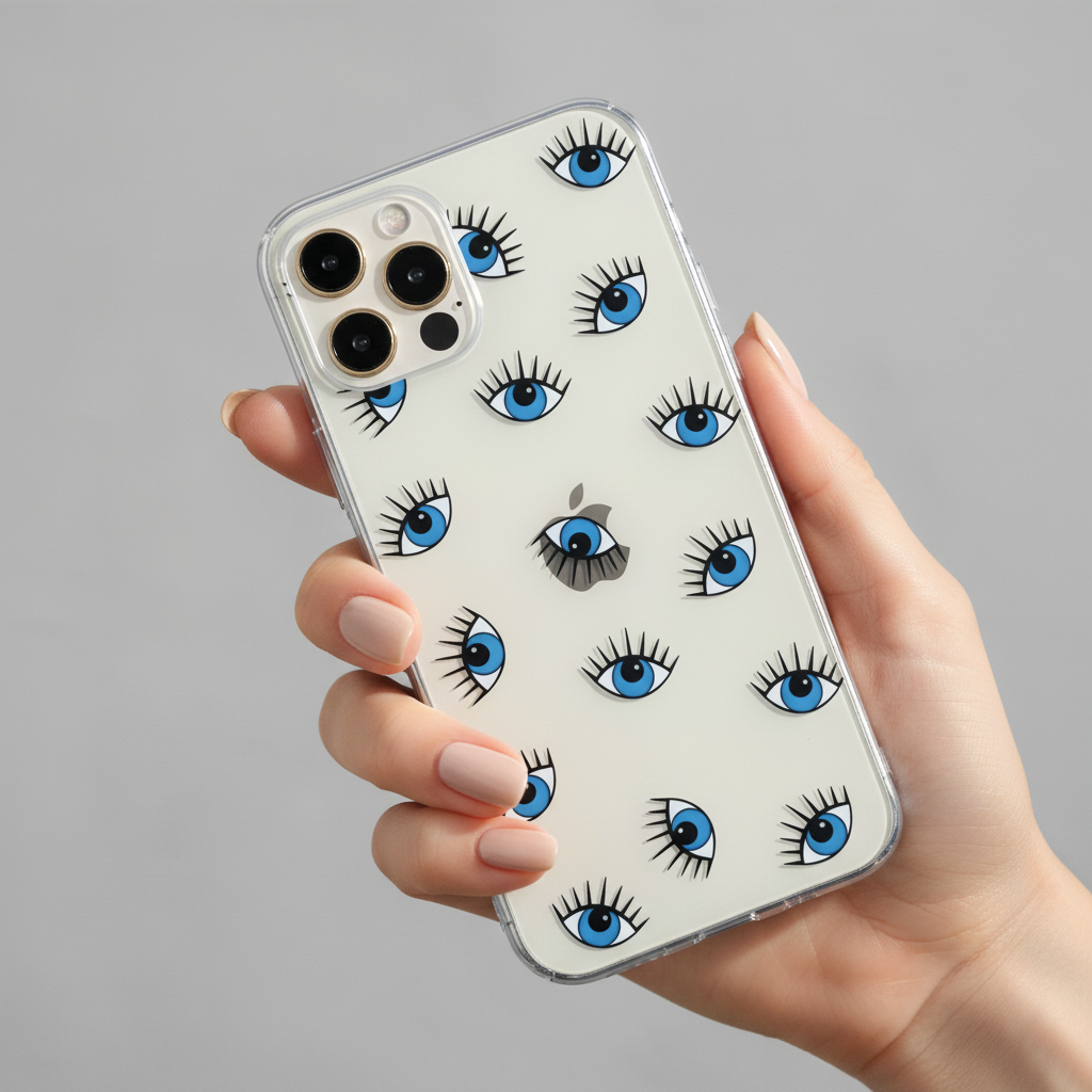 woman's hand holding a phone with a clear evil eye phone case