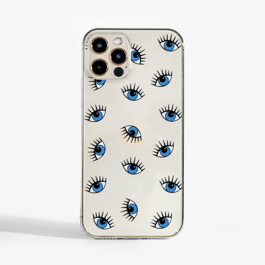 Clear protective phone case with bold evil eye  pattern for iPhone, Google Pixel and Samsung