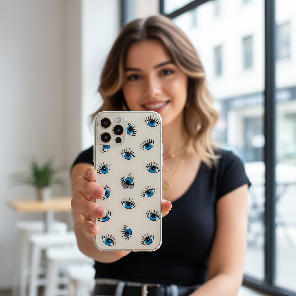 Woman holding a phone with a decorative case featuring eyes and eyelashes design.