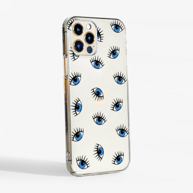 Side view of evil eye phone case showing clear sides  for sleek all-around protection.

